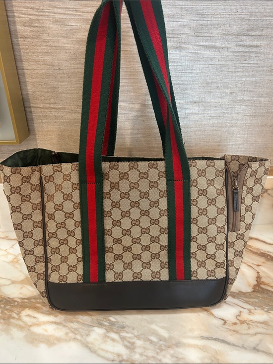 Gucci Handbags - Gucci Beige GG Canvas Tote with Green and Red Web Straps